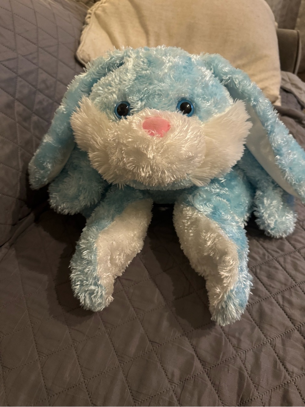 Plush Blue & White Bunny Stuffed Animal with Pink Nose